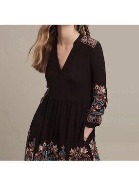 Floreat Black Embroidered Dress with Teal & Rust Accents